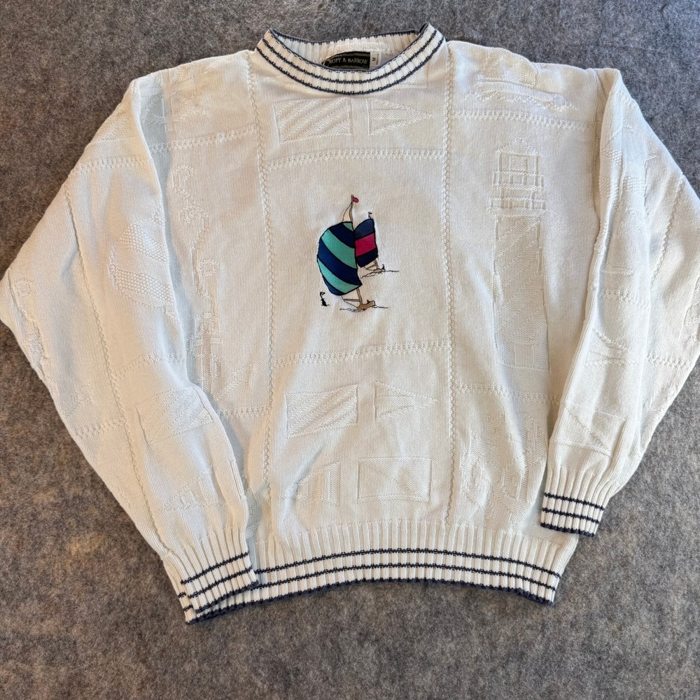 Croft & Barrow Sweater VTG Women Medium White Nautical Sailboat Lighthouse Knit